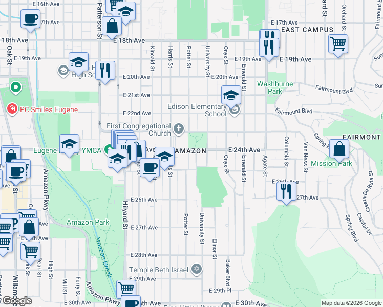 map of restaurants, bars, coffee shops, grocery stores, and more near 2417 Potter Street in Eugene