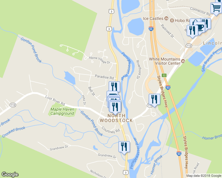 map of restaurants, bars, coffee shops, grocery stores, and more near 138 Main Street in Woodstock