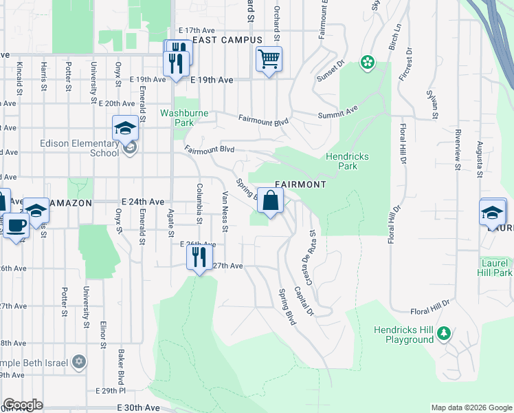 map of restaurants, bars, coffee shops, grocery stores, and more near 2497 Mission Avenue in Eugene