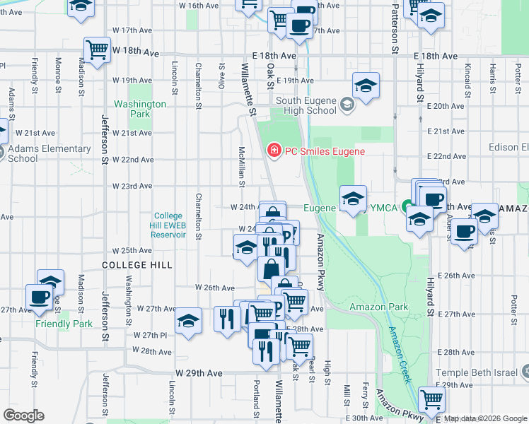 map of restaurants, bars, coffee shops, grocery stores, and more near 25 West 24th Place in Eugene