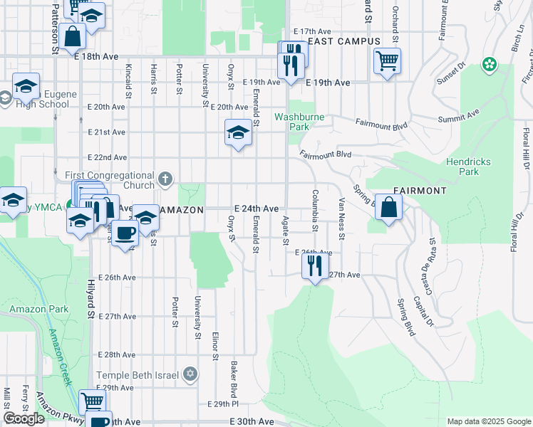 map of restaurants, bars, coffee shops, grocery stores, and more near 2408 Nixon Street in Eugene