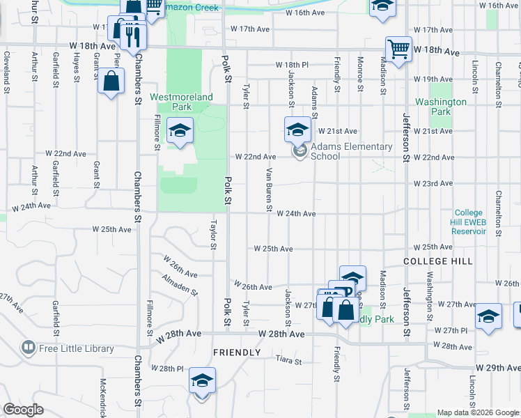map of restaurants, bars, coffee shops, grocery stores, and more near 2425 Tyler Street in Eugene