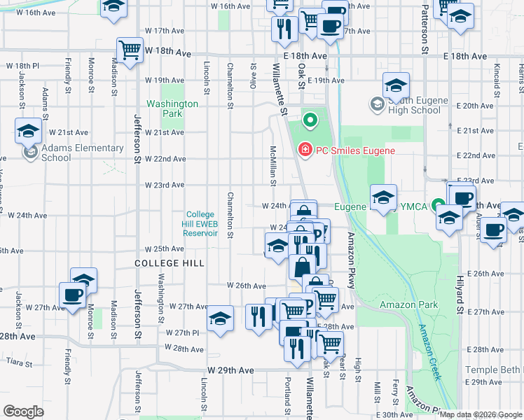 map of restaurants, bars, coffee shops, grocery stores, and more near 84 West 24th Avenue in Eugene