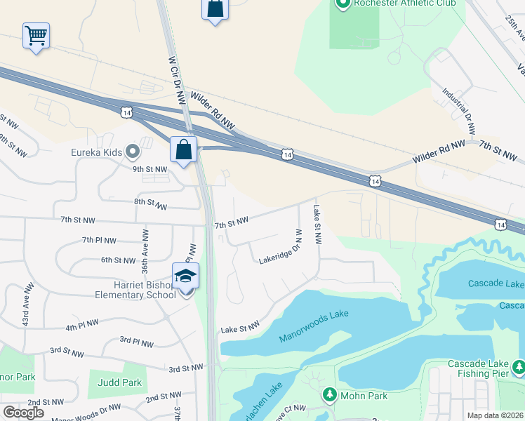 map of restaurants, bars, coffee shops, grocery stores, and more near 3215 Lakeridge Lane Northwest in Rochester