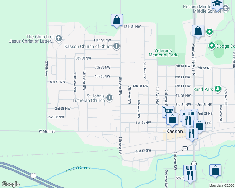 map of restaurants, bars, coffee shops, grocery stores, and more near 407 240th Avenue in Kasson