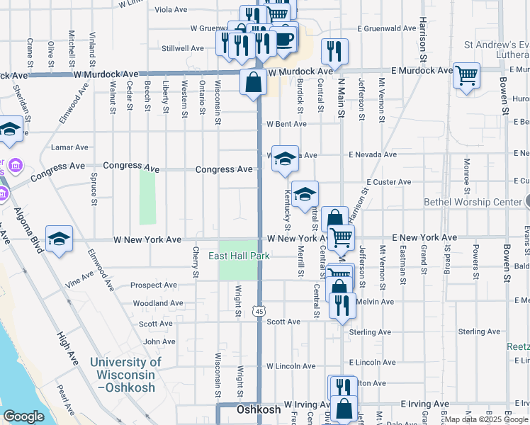 map of restaurants, bars, coffee shops, grocery stores, and more near 1310 Jackson Street in Oshkosh