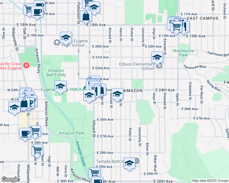 map of restaurants, bars, coffee shops, grocery stores, and more near 930 East 24th Avenue in Eugene