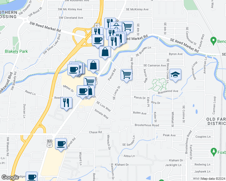 map of restaurants, bars, coffee shops, grocery stores, and more near 20389 Vassar Place in Bend