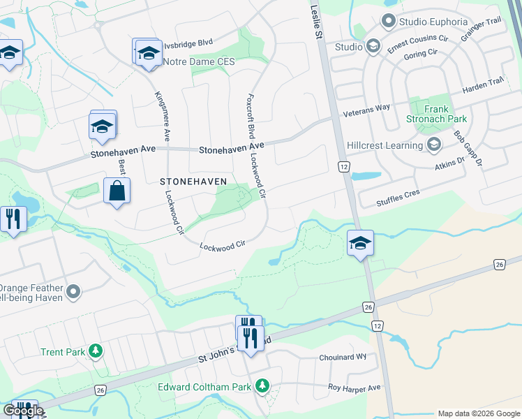 map of restaurants, bars, coffee shops, grocery stores, and more near 1015 Lockwood Circle in Newmarket
