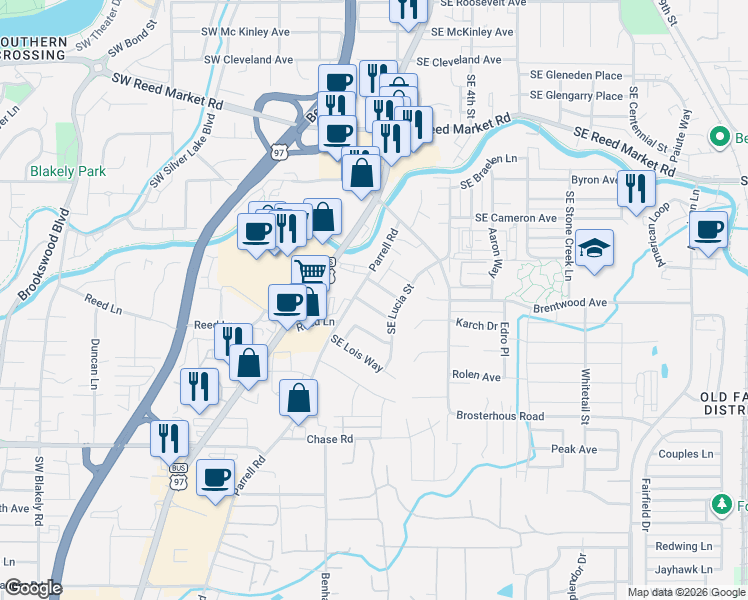 map of restaurants, bars, coffee shops, grocery stores, and more near 20364 Rocca Way in Bend