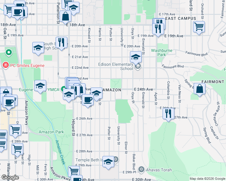 map of restaurants, bars, coffee shops, grocery stores, and more near 1120 East 24th Avenue in Eugene