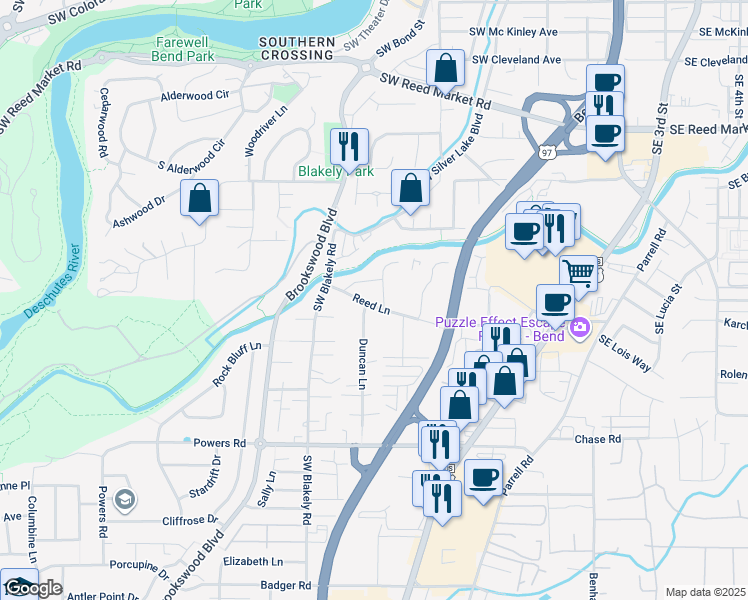 map of restaurants, bars, coffee shops, grocery stores, and more near 20130 Reed Lane in Bend