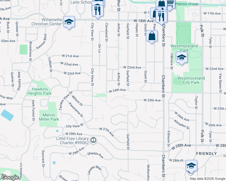 map of restaurants, bars, coffee shops, grocery stores, and more near 2110 West 23rd Avenue in Eugene