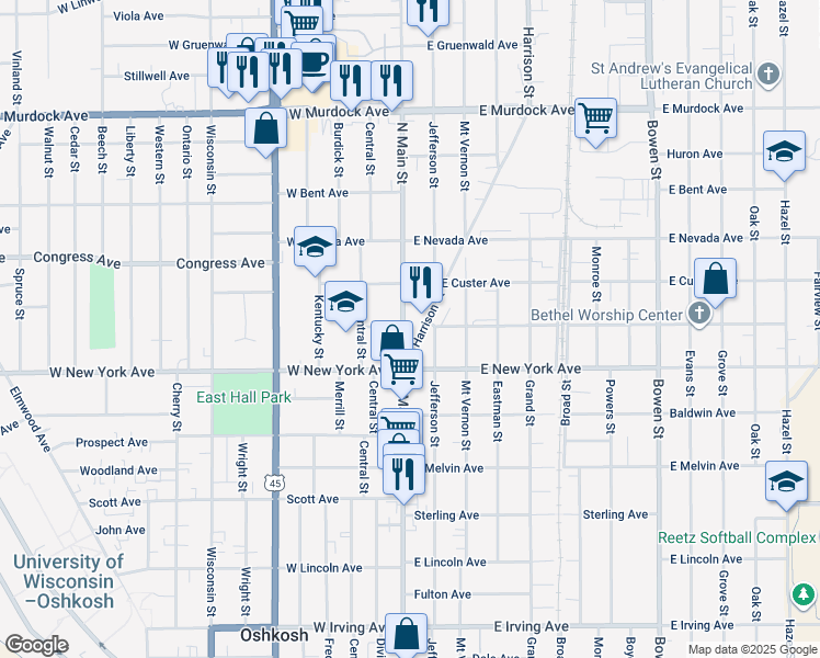 map of restaurants, bars, coffee shops, grocery stores, and more near 1316 North Main Street in Oshkosh