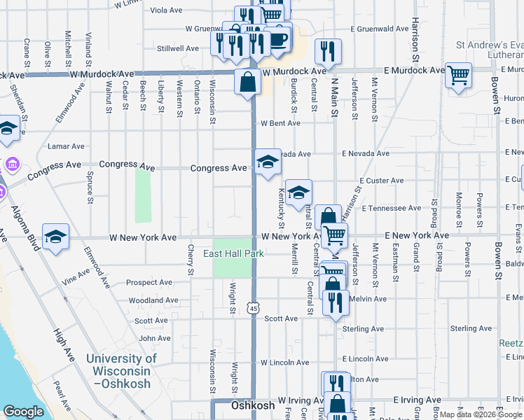 map of restaurants, bars, coffee shops, grocery stores, and more near 1310 Jackson Street in Oshkosh