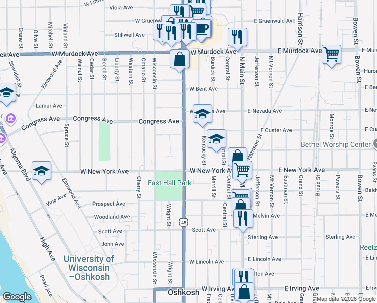 map of restaurants, bars, coffee shops, grocery stores, and more near 1310 Jackson Street in Oshkosh