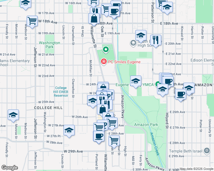 map of restaurants, bars, coffee shops, grocery stores, and more near 2407 Willamette Street in Eugene