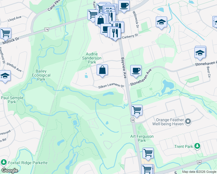 map of restaurants, bars, coffee shops, grocery stores, and more near 458 Silken Laumann Drive in Newmarket