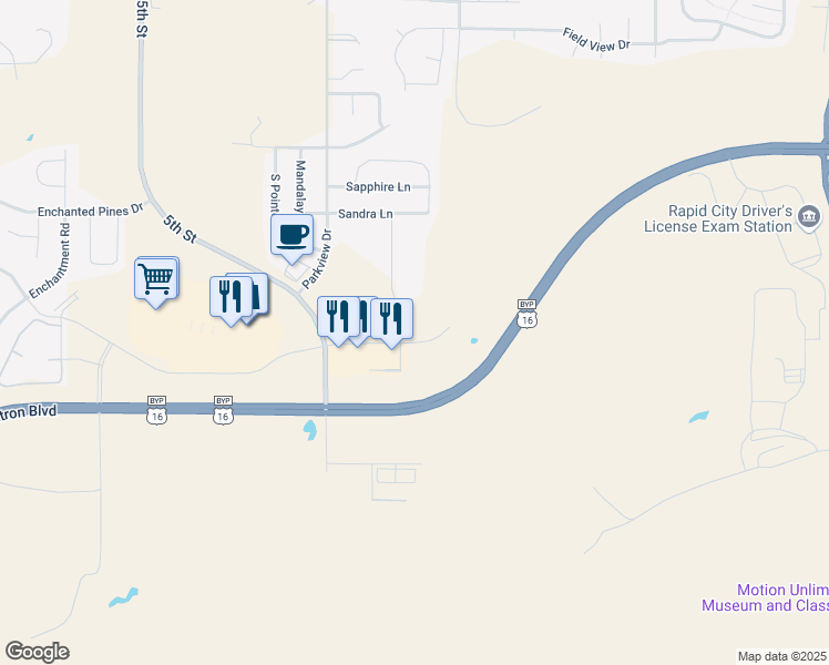 map of restaurants, bars, coffee shops, grocery stores, and more near 530 East Stumer Road in Rapid City