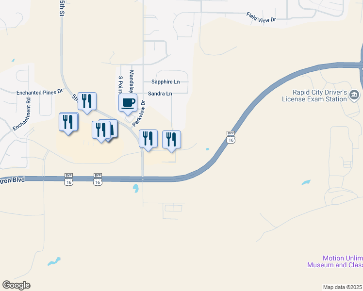 map of restaurants, bars, coffee shops, grocery stores, and more near 530 East Stumer Road in Rapid City