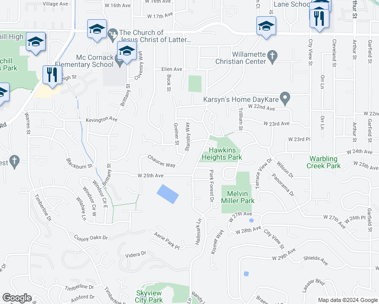 map of restaurants, bars, coffee shops, grocery stores, and more near 2425 Stansby Way in Eugene
