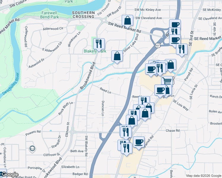 map of restaurants, bars, coffee shops, grocery stores, and more near 3290 Flowing Water Way in Bend