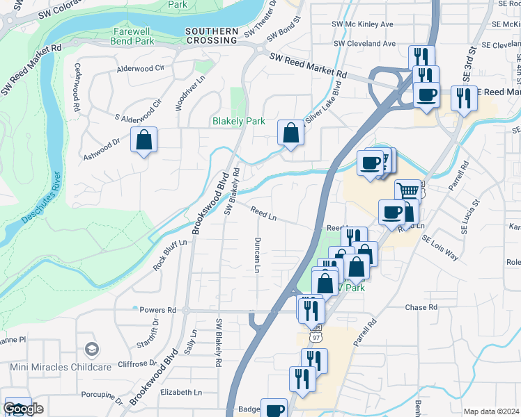 map of restaurants, bars, coffee shops, grocery stores, and more near 20130 Reed Lane in Bend