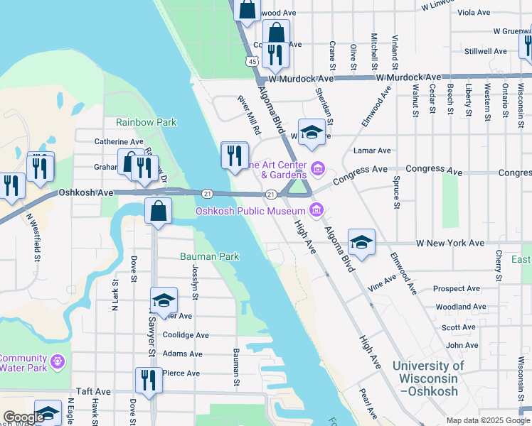map of restaurants, bars, coffee shops, grocery stores, and more near 1613 Congress Avenue in Oshkosh