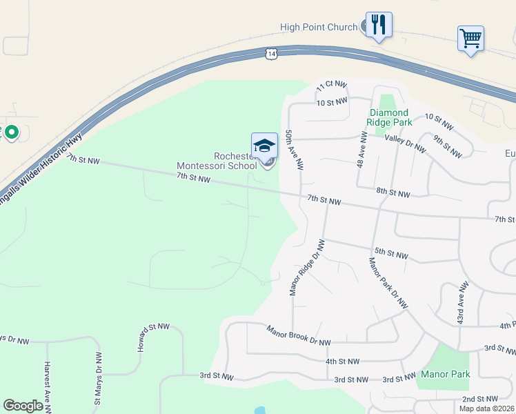 map of restaurants, bars, coffee shops, grocery stores, and more near 5142 Coventry Lane Northwest in Rochester