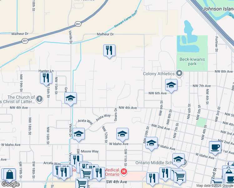 map of restaurants, bars, coffee shops, grocery stores, and more near 525 Northwest 11th Street in Ontario