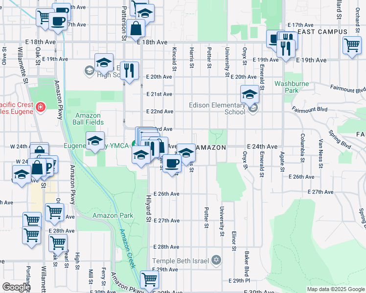 map of restaurants, bars, coffee shops, grocery stores, and more near 940 East 24th Avenue in Eugene
