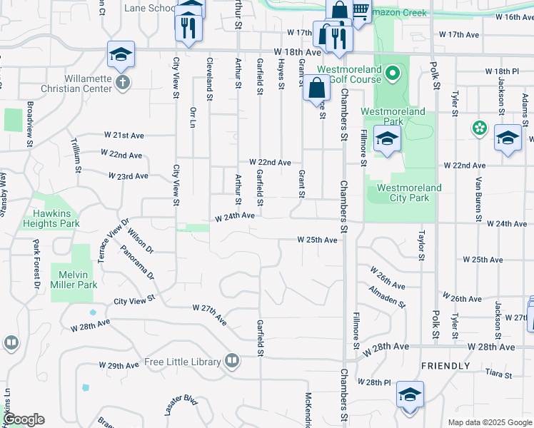 map of restaurants, bars, coffee shops, grocery stores, and more near 1975 West 24th Avenue in Eugene