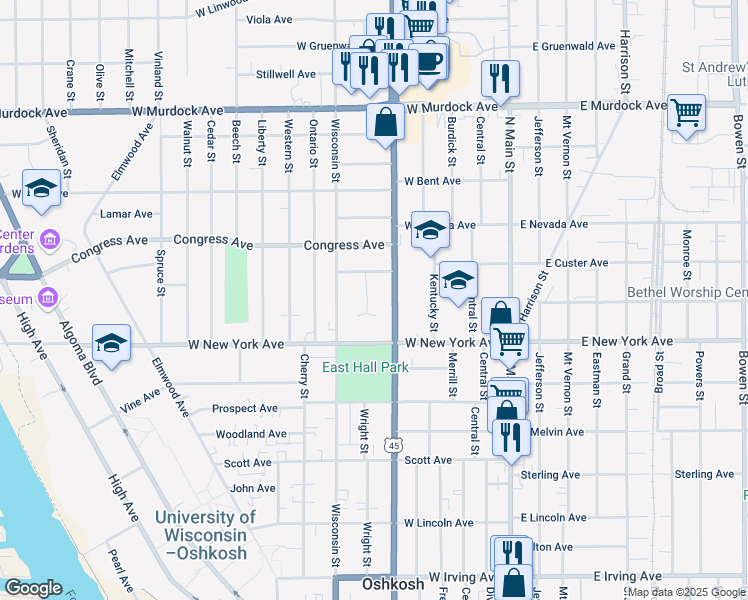 map of restaurants, bars, coffee shops, grocery stores, and more near 419 Annex Avenue in Oshkosh