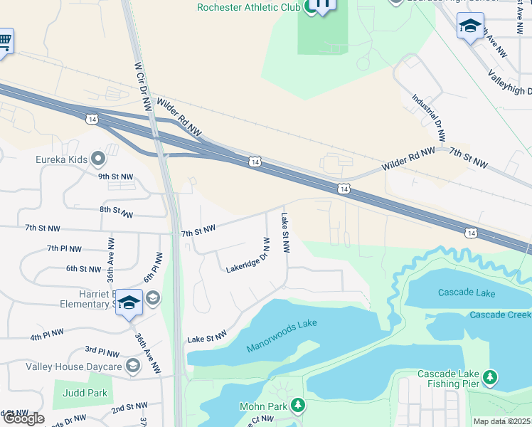 map of restaurants, bars, coffee shops, grocery stores, and more near 3244 Lakeridge Drive North West in Rochester