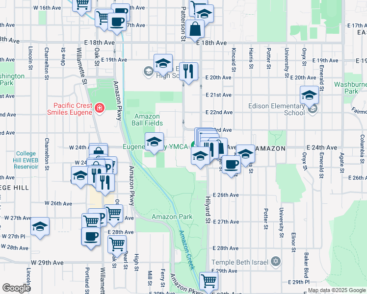 map of restaurants, bars, coffee shops, grocery stores, and more near Patterson Street & East 24th Avenue in Eugene