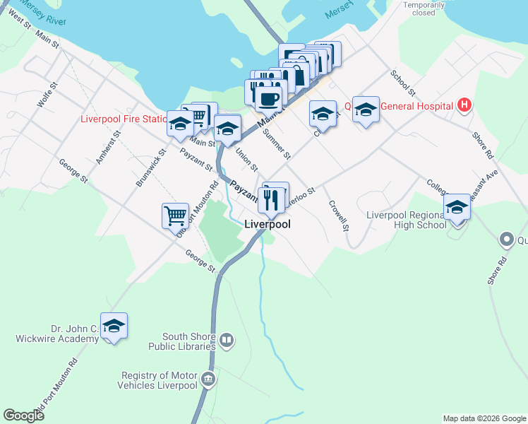 map of restaurants, bars, coffee shops, grocery stores, and more near Payzant Street in Liverpool