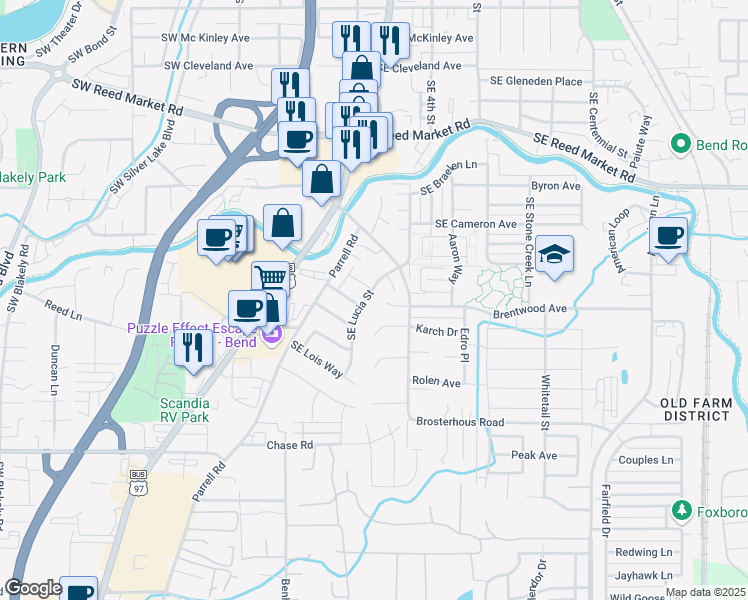 map of restaurants, bars, coffee shops, grocery stores, and more near 61523 Brosterhous Road in Bend