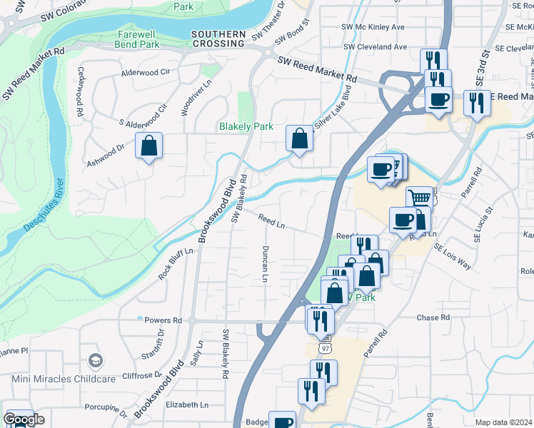 map of restaurants, bars, coffee shops, grocery stores, and more near 20130 Reed Lane in Bend