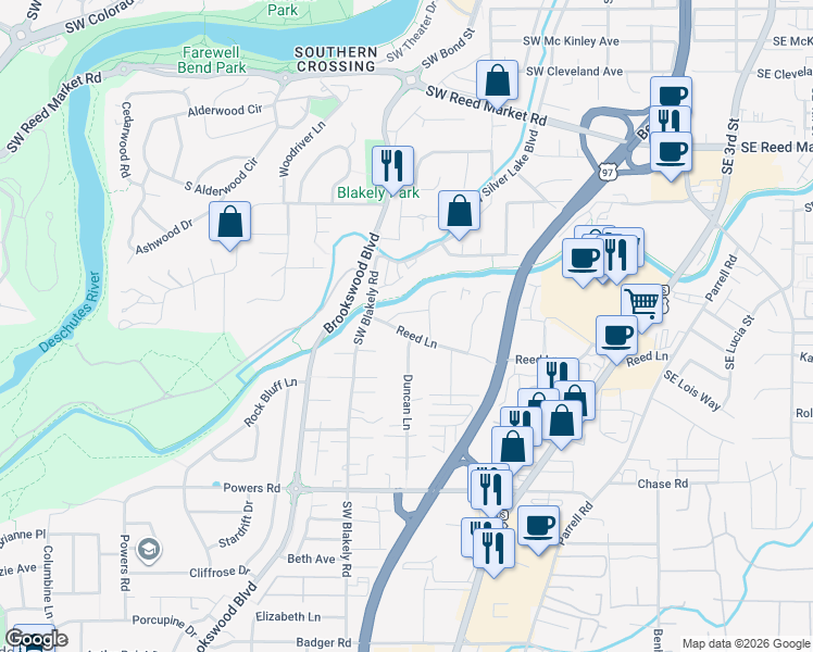 map of restaurants, bars, coffee shops, grocery stores, and more near 20130 Reed Lane in Bend
