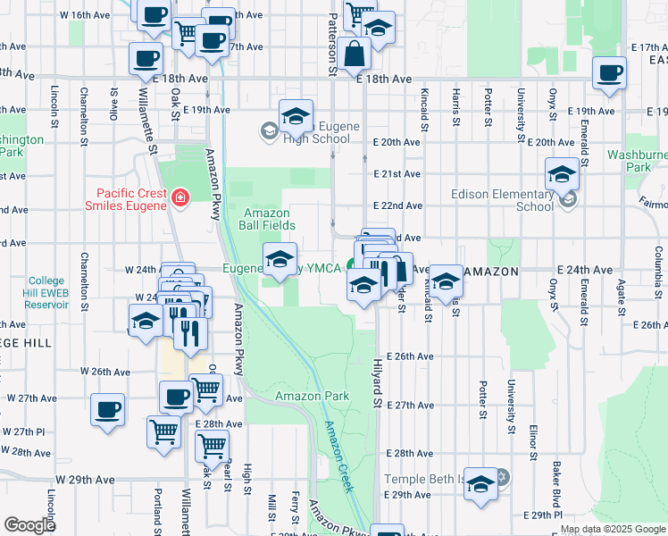 map of restaurants, bars, coffee shops, grocery stores, and more near 2250 Patterson Street in Eugene