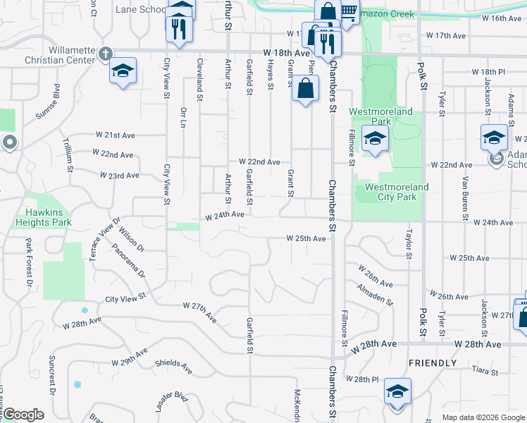 map of restaurants, bars, coffee shops, grocery stores, and more near 1890 West 23rd Avenue in Eugene