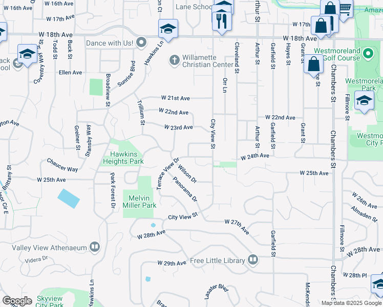 map of restaurants, bars, coffee shops, grocery stores, and more near 2350 West 23rd Place in Eugene