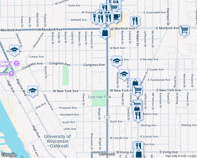 map of restaurants, bars, coffee shops, grocery stores, and more near 419 Annex Avenue in Oshkosh