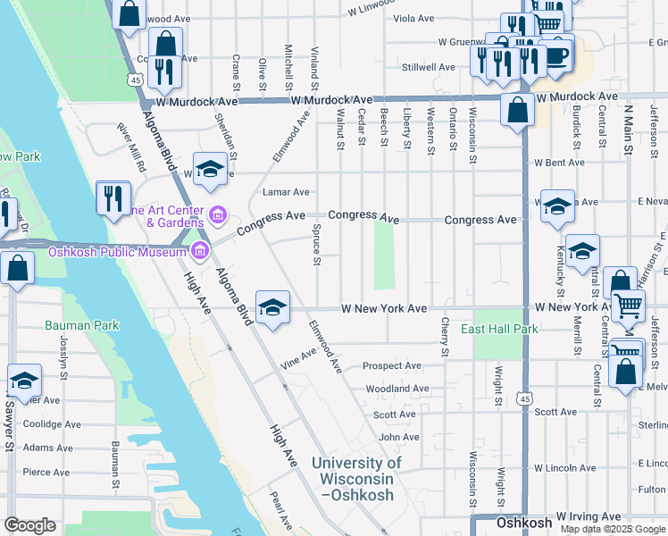 map of restaurants, bars, coffee shops, grocery stores, and more near 1307 Spruce Street in Oshkosh
