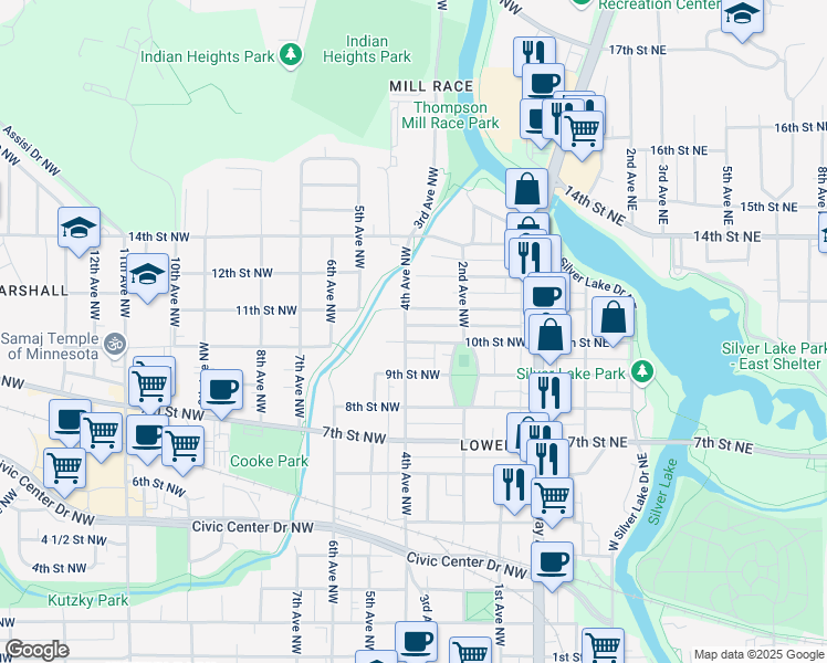map of restaurants, bars, coffee shops, grocery stores, and more near 1100 4th Avenue Northwest in Rochester