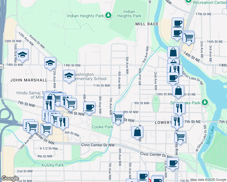 map of restaurants, bars, coffee shops, grocery stores, and more near 1024 7th Avenue Northwest in Rochester