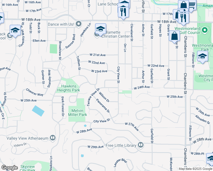 map of restaurants, bars, coffee shops, grocery stores, and more near 2350 West 23rd Place in Eugene