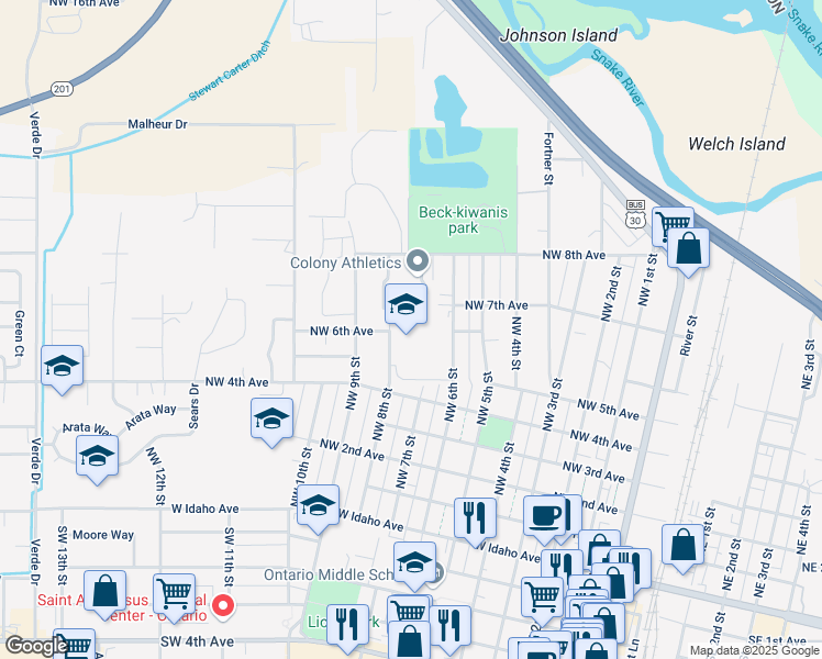 map of restaurants, bars, coffee shops, grocery stores, and more near 590 Northwest 8th Street in Ontario