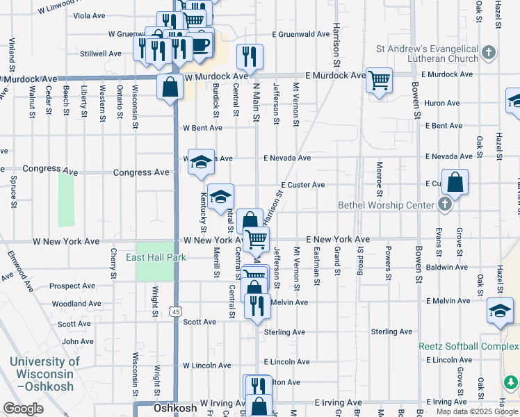 map of restaurants, bars, coffee shops, grocery stores, and more near 1316 North Main Street in Oshkosh