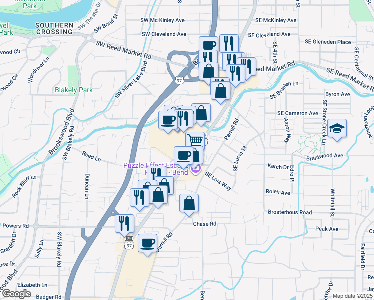 map of restaurants, bars, coffee shops, grocery stores, and more near 61535 South Highway 97 in Bend